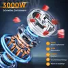 A close-up, dynamic illustration of a meat grinder's internal mechanism, showing gears and blades in action with pieces of meat being processed. Blue and orange glowing energy rings surround the gears. Produktbild-Vorschau