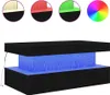 A black coffee table with blue LED lighting, shown with examples of other lighting colors and a color wheel.