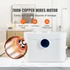 A white sewage pump with a close-up of its motor, set against a blurred bathroom background with text overlays highlighting its features. Voir les images du produit