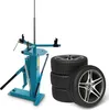 A blue tire changing machine is shown next to a stack of four car tires with silver rims. Produktbild-Vorschau