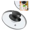 A glass lid with a black handle is shown, with an inset image displaying size options. Náhľad obrázku produktu