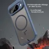 A blue phone case with a transparent back is shown in a dynamic, falling pose, with debris and fire effects around it. Text highlights the case's protective features. Produktbild-Vorschau