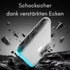 A clear phone case is shown falling and impacting the ground, with debris flying around it. The case has a blue glow around the bottom edge. Produktbild-Vorschau