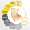 A wooden box with its lid open, surrounded by circular callouts describing its features. Produktbild-Vorschau