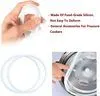 A collage of images showing silicone sealing rings for a pressure cooker, a hand holding one, and a ring being fitted into a cooker. Produktbild-Vorschau