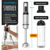A collage of images showing a hand blender, its accessories, and a person using it. Produktbild-Vorschau