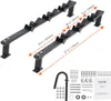 A product shot of a black metal trimmer rack with dimensions indicated by dashed lines and arrows. Several hardware components and a manual are also visible in the lower right corner. Produktbild-Vorschau