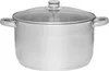 A stainless steel pot with a glass lid and handles, shown from the front on a white background. Voir les images du produit