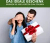 A man surprises a woman with a gift, covering her eyes. Produktbild-Vorschau