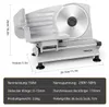 A silver electric slicer with dimensions and specifications displayed. Produktbild-Vorschau