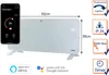 A white glass panel heater is shown with a smartphone displaying its app interface, along with feature callouts and dimensions. Produktbild-Vorschau