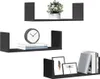 Three black U-shaped wall shelves are displayed against a white background. The top shelf holds a potted plant. The middle shelf displays a clock and two books. The bottom shelf features two picture frames and several books. Produktbild-Vorschau