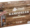 A close-up of a cardboard box for fireplace logs, with an illustration of a fireplace and text in German. Produktbild-Vorschau