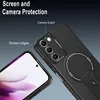A close-up view of a phone case with a magnetic ring and kickstand, highlighting its screen and camera protection features. Produktbild-Vorschau