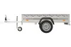 A side view of a gray utility trailer with a black tire and a gray tarp. Náhled obrázku produktu