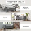 Collage of a gray upholstered bench used in different settings: bedroom, hallway, and by a window. Produktbild-Vorschau