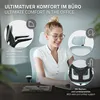 A woman is sitting in an office chair, smiling and looking at a laptop. The image highlights features of the chair with callouts. Náhľad obrázku produktu