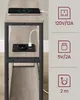 A narrow side table with a phone charging on the top shelf and a charging station on the middle shelf. The image also shows icons and text describing its electrical specifications. Náhled obrázku produktu