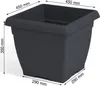 A dark gray, square planter pot with dimensions indicated by text overlays. Produktbild-Vorschau
