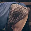 Close-up of a horse wearing a blue blanket with a quilted brown lining. Produktbild-Vorschau