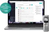 A laptop displaying a transcription software interface and a digital voice recorder. Voir les images du produit