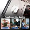 Collage showing a white 80W GaN USB C charger, a phone, and people using the charger at home, in the office, and while traveling. Produktbild-Vorschau
