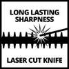A graphic illustrating the features of a laser-cut knife, likely for a hedge trimmer. Náhled obrázku produktu
