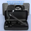 A black wireless earbud and its charging case are displayed, with a smartphone in the background showing a music interface. Produktbild-Vorschau