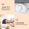 A collage of four images showcasing features of a mini freezer: temperature control, a person sleeping peacefully, and a sound icon indicating quiet operation. Produktbild-Vorschau
