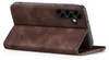 A brown flip cover case for a smartphone is shown from the back, standing open. Produktbild-Vorschau