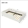 A white upholstered bed frame with wooden slats, shown from a slightly elevated side angle with dimensions indicated by lines and numbers. Anteprima dell’immagine prodotto