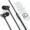 A close-up promotional image of black in-ear headphones with gold accents, set against a white background with text detailing product features. Produktbild-Vorschau