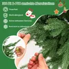 Close-up of artificial Christmas tree branches with hands manipulating them, accompanied by marketing text and icons. Produktbild-Vorschau