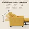 Diagram showing the adjustable backrest angles of a yellow sofa bed, with text describing different uses for each angle. Podgląd zdjęcia produktu