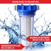 A water filter with water splashing around it, with marketing text overlays. Produktbild-Vorschau