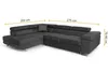 A dark gray sectional sofa with dimensions indicated by yellow lines and text. Produktbild-Vorschau