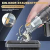 A hand is shown emptying the dustbin of a handheld vacuum cleaner into a trash can. The vacuum cleaner is gray and black with gold accents. There is text overlaying the image. Produktbild-Vorschau