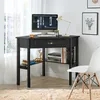 A black corner computer desk with a computer, lamp, and books. Produktbild-Vorschau
