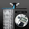 Diagram showing how air is mixed with water in a showerhead, with a close-up of a digital caliper measuring the thickness of the showerhead. Produktbild-Vorschau