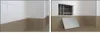 A collage of two images showing a tiled corner of a room, with one image showing an open access panel revealing pipes and the other showing the panel closed. Produktbild-Vorschau