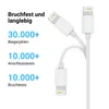 A white lightning cable with multiple connectors shown against a white background, with German text highlighting its durability and testing metrics. Produktbild-Vorschau