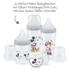 A set of three NUK baby bottles and a pacifier with Mickey and Minnie Mouse designs, displayed on a white background. Produktbild-Vorschau