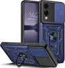 A blue and black rugged phone case with a camera cover and a ring stand, shown from multiple angles. Produktbild-Vorschau