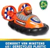 A toy hovercraft with a dog character in it, set against a white background. There is a recycling logo and text about recycled plastic at the bottom. Produktbild-Vorschau