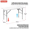 A white folding table with its dimensions and height adjustability highlighted. Produktbild-Vorschau