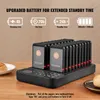 A black restaurant pager charging base with multiple pagers docked, placed on a wooden table next to a plate with a pastry. Anteprima dell’immagine prodotto