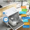 A white countertop dishwasher is shown open, displaying its interior and various dishes. Dimensions and capacity information are overlaid on the image. Produktbild-Vorschau