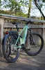 An electric bicycle is leaning against a wooden fence on a wooden boardwalk. Produktbild-Vorschau