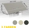 A diagram showing the dimensions of a retractable awning, with color swatches below. Náhľad obrázku produktu