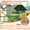 A chicken coop with a green roof and netting, surrounded by grass and some hay bales. There are chickens visible inside and around the coop. The image also includes text overlays and inset images highlighting product features and comparisons. Náhled obrázku produktu
